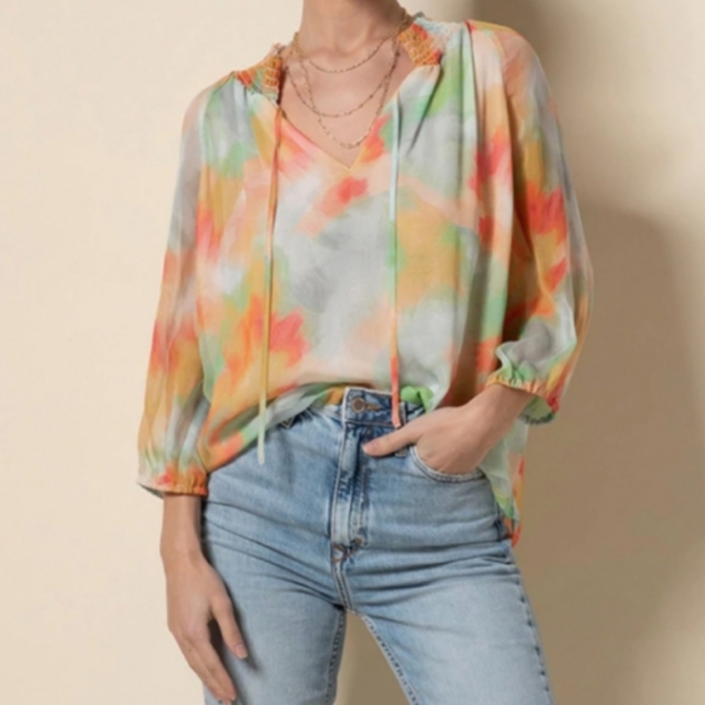 Tart Collections Boho Cheri Top| Fall Colors Blouse |Red Blue Green Tie Dye| XS